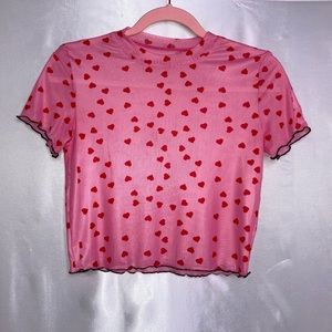 HEART PRINT SHORT SLEEVE MESH CROP TOP - PINK (M)